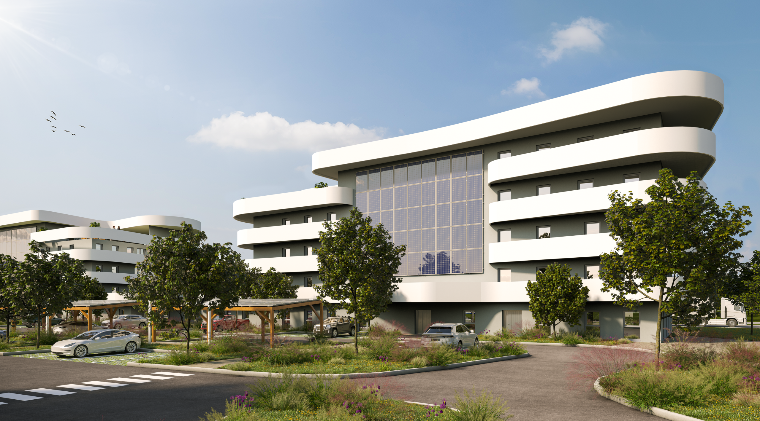 Façade extérieur 3D des futurs bureaux Tribock sur Brumath - Ruck & Wind, Promotion immobilière Grand Est