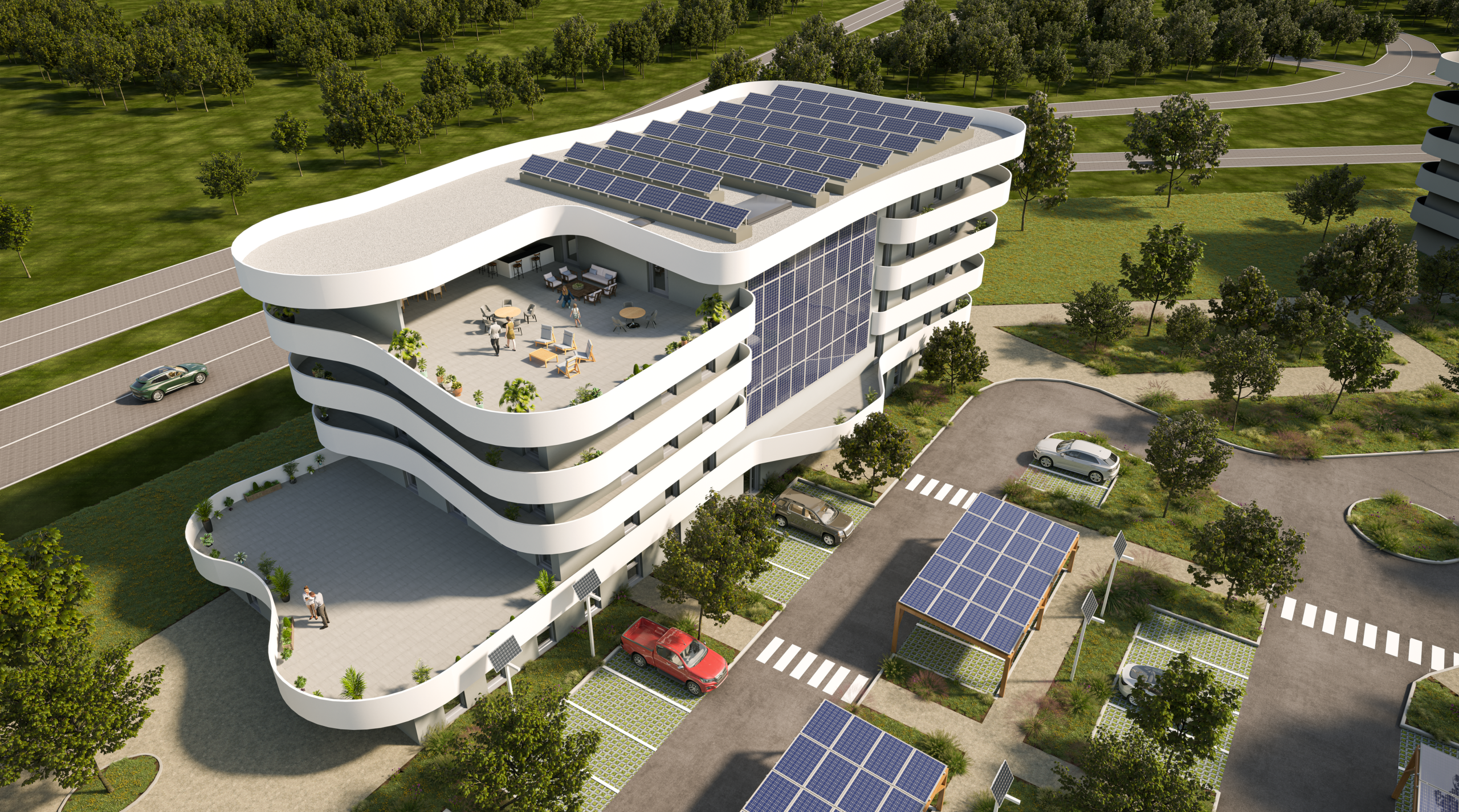 Vue en plongée 3D des futurs bureaux Tribock sur Brumath - Ruck & Wind, architecture contemporaine Grand Est